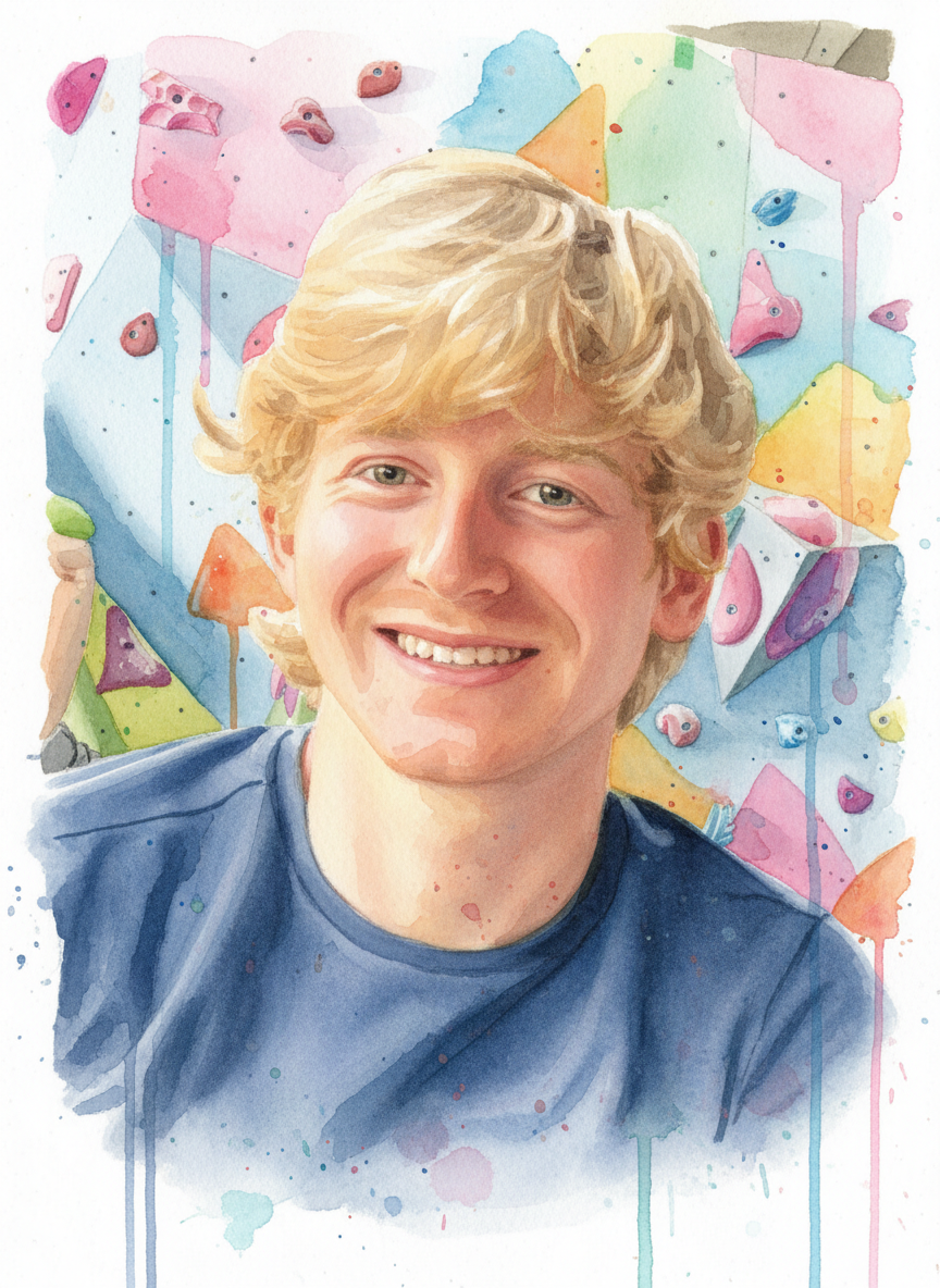 Ben Woodman, mechanical engineer and artist, portrait with rock climbing wall background in Seattle